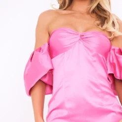 Robe Mi-longue Rose Vif Satinée Nouée Sur Le Buste à Col Bardot Et Manches Bouffantes -Jolie Vêtue Soldes Magasin 00c6e8d3ebb9e156877ae1fe4e5ec3f259fa1e2a cne2998 4