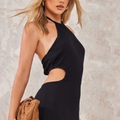 Robe Longue Noire Côtelée Texturée à Dos Nu Et Découpes -Jolie Vêtue Soldes Magasin 0107fc9d86ffcf198db6807aec5daf47bbfca055 cne2873 4