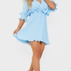 Robe Patineuse Bleu Ciel Plissée à Volants