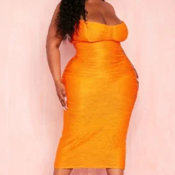 Plus Robe Mi-longue Texturée Orange à Bretelles -Jolie Vêtue Soldes Magasin 021a5e66c32129a10367df6aac1c82ec21677a39 cmy7948 4
