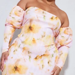 Plus Robe Mi-longue Plissée Fleurie Rose Floutée à Manches Bouffantes -Jolie Vêtue Soldes Magasin 02311018a616d9a5f66d059c3d9c50a7f506732a cnd9044 4