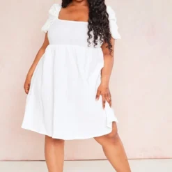 Plus Robe Droite En Effet Lin Texturé Blanc à Manches Bouffantes -Jolie Vêtue Soldes Magasin 0265e5597a2970e0f510d2ce0c154ea5ffd8459e cne4073 3