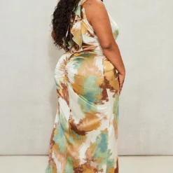 Plus Robe Longue Satinée Marron à Imprimé Et Col Bénitier -Jolie Vêtue Soldes Magasin 028ff28985f9acd894999df4d0995602215d70c6 cne7581 2