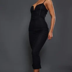 Robe Longue En Mesh Froncé Noir à Barre En V Et Bretelles -Jolie Vêtue Soldes Magasin 02b15744f7a9fcb07078627acb5c66971833b99a cnc7636 3