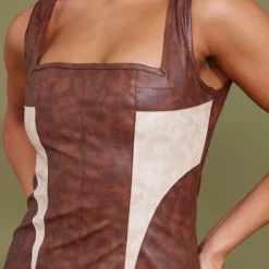 Robe Moulante En Similicuir Marron à Parties Contrastantes -Jolie Vêtue Soldes Magasin 02e47c0c76889d6f647f33fb220ca8b7cd17e6a7 cnc8302 4