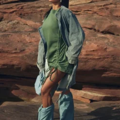 Robe Pull Oversize Bleu-vert En Sweat Froncé Oversize à Col Ras