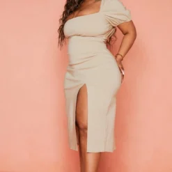 Plus Robe Mi-longue En Maille Tissée Stretch Gris Pierre à Manches Bouffantes -Jolie Vêtue Soldes Magasin 0315809e23b4f1df2a8cffbf0b26f928a0ba5bde cmy8530 4