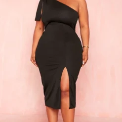 Plus Robe Mi-longue Noire Asymétrique à Détail Noeud