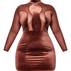 Plus Robe Moulante En Velours Chocolat à Parties En Mesh Et Manches Longues -Jolie Vêtue Soldes Magasin 0477cafde54605a9c56fec704c77365b66c91906 cnb4190 5