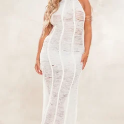 Shape Robe Longue En Maille Tricot Ajourée Crème à Dos Nu