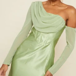 Robe Moulante Asymétrique En Mousseline De Soie Satinée Sauge Drapée -Jolie Vêtue Soldes Magasin 04f05d4c5d2cdf0f0e040c54a113cb96b1eec5ef cnd0357 4