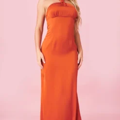 Robe Longue Dos Nu Satinée Rouille Nouée à Détail Buste