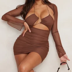 Shape Robe Moulante En Mesh Marron Chocolat Superposé à Lacets
