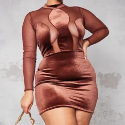 Plus Robe Moulante En Velours Chocolat à Parties En Mesh Et Manches Longues -Jolie Vêtue Soldes Magasin 05390b1a289eefcce9c0c8b0fc51a999cfca2eab cnb4190 3