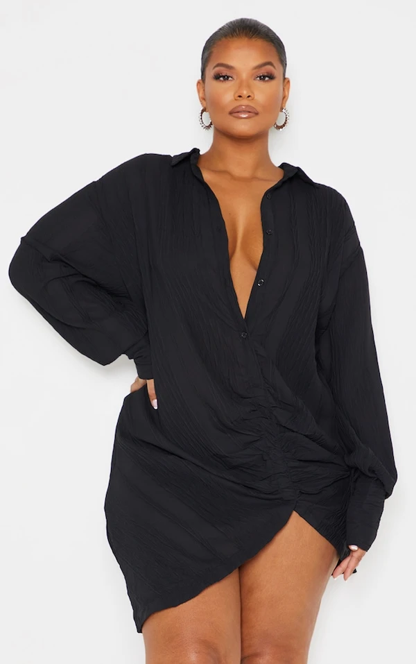 Plus Robe Chemise Texturée Noire à Détail Drapé Et Manches Longues 5 Plus Robe Chemise Texturée Noire à Détail Drapé Et Manches Longues – Image 3