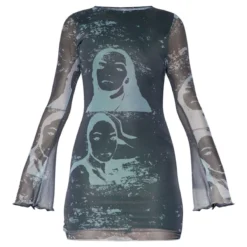 Robe Moulante En Mesh à Imprimé Visage Gris Anthracite Et Manches Longues -Jolie Vêtue Soldes Magasin 06045de95e149cc61a010352d3d543a3e84ada84 CNB3517 5