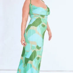 Plus Robe Longue Plissée Verte Imprimé Abstrait à Bretelles -Jolie Vêtue Soldes Magasin 065075f8f696a64961713d3de8e9d324e4ae3e9b cne5090 3