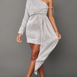 Robe Moulante Asymétrique En Sequins Argentés Effet Drapé -Jolie Vêtue Soldes Magasin 0686b4e42e7c7d754d4b09702945b66ed7ce4b8e cnb3650 3