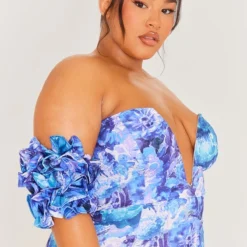 Plus Robe Moulante Bleue Fleurie à Col En V Et Manches Volantées -Jolie Vêtue Soldes Magasin 06961e19ee1277d4cf021e617767fe2b85bd0b43 cne0684 4