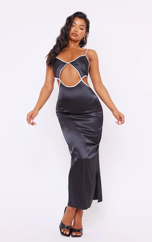 Robe Mi-longue Satinée Noire Découpée à La Taille à Bretelles 5 Robe Mi-longue Satinée Noire Découpée à La Taille à Bretelles – Image 3