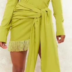 Robe Droite Vert Citron à Manches Longues Et Franges -Jolie Vêtue Soldes Magasin 06a961220fb79430037bf438444aac0c83da9bfe cne3220 4