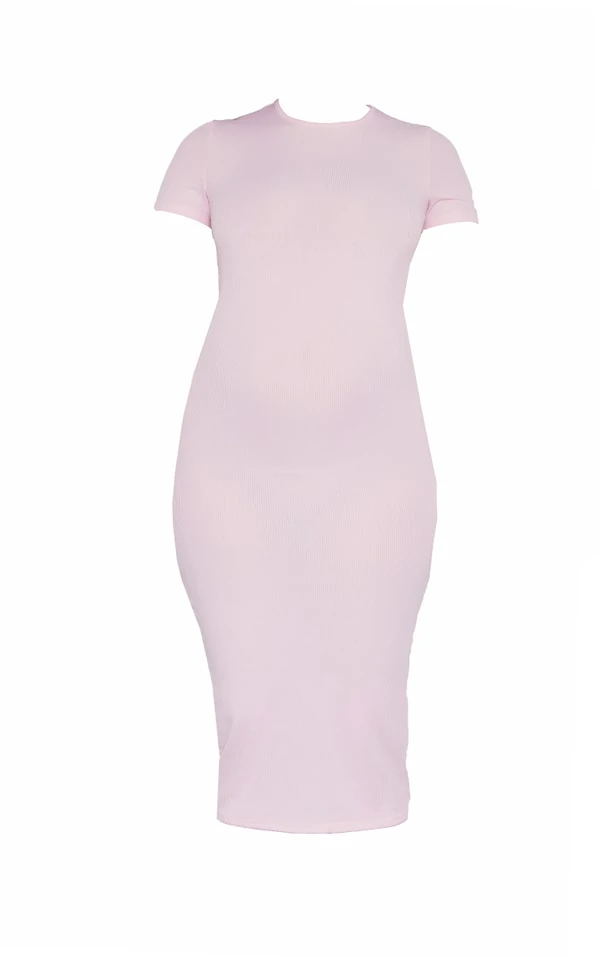 Maternité Robe De Grossesse Mi-longue Rose Tendre Côtelée à Col Ras-du-cou 7 Maternité Robe De Grossesse Mi-longue Rose Tendre Côtelée à Col Ras-du-cou – Image 5