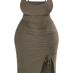 Plus Robe Mi-longue En Jersey Doux Froncé Kaki à Col Bénitier -Jolie Vêtue Soldes Magasin 0753d20135978a1e3a9de6a498ca85f017b225dd cnd4813 5