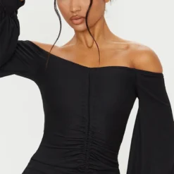 Robe Moulante Noire Côtelée à Col Bardot & Manches Bouffantes -Jolie Vêtue Soldes Magasin 07805d894a54e68d74847890de4f830e0e673ed4 cmm1742 4