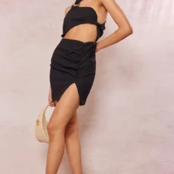 Robe Moulante Découpée Noire Effet Lin à Anneau En Bois Et Dos Nu -Jolie Vêtue Soldes Magasin 0834eb8f8305aa4d79120e8d1ea7ed5b61cd004e cne1364 3