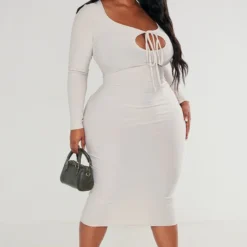 Plus Robe Douce Gris Pierre à Manches Longues Et Liens Noués Devant