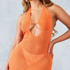 Shape Robe Longue En Maille Tricot Orange à Dos Nu -Jolie Vêtue Soldes Magasin 088ec03f165ba1a016e4be42ad2f0d29a9defee7 cne0392 4