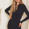 Robe Chemise Côtelée Brossée Noire à Manches Longues Et Fronces