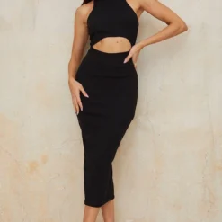 Robe Mi-longue Côtelée Noire à Découpes Et Col Nageur