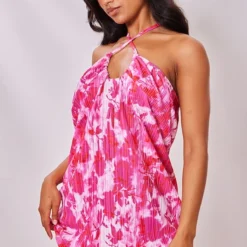 Logic Robe Droite Dos Nu Plissée Fleurie Rose