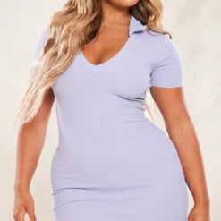 Shape Robe Moulante Côtelée Crêpée Bleu-gris à Manches Courtes Et Col