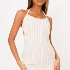 Robe T-shirt Droite En Effet Lin Beige Rayé Découpée à Nouer Derrière -Jolie Vêtue Soldes Magasin 0982a94aa8d8405eab42e36fa4e967fcf73a799b cne6485 4