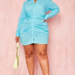 Plus Robe Chemise Légère Bleu Vif Texturée à Fronces