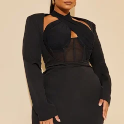 Plus Robe Moulante Noire Deluxe Croisée Devant à Détail Corset -Jolie Vêtue Soldes Magasin 0a00d6466dec5b3f9a17d1866a0542338b43bf82 cmu5481 4