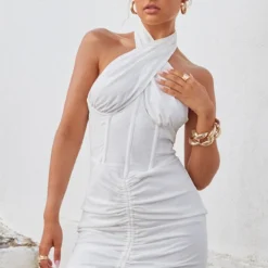 Robe Moulante Blanche Style Corset Froncée Effet Lin