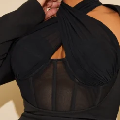 Plus Robe Moulante Noire Deluxe Croisée Devant à Détail Corset -Jolie Vêtue Soldes Magasin 0af4760c1c3ad11dc72cc4825eb2f03370685e35 cmu5481 5