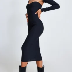 Robe Bustier Mi-longue Côtelée Texturée Noire à Détail Manches -Jolie Vêtue Soldes Magasin 0af9536883e93378ab7d195c881561b6941956aa cnc5967 3