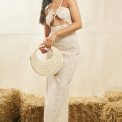 Robe Longue Brodée Gris Pierre à Devant Noué