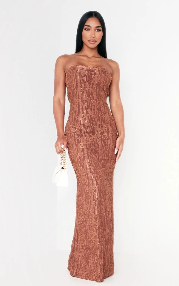 Robe Longue Bustier Texturée Marron Chocolat Métallisée à Dos Bénitier 3 Robe Longue Bustier Texturée Marron Chocolat Métallisée à Dos Bénitier