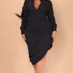 Plus Robe Chemise Mi-longue Noire Texturée à Côté Froncé -Jolie Vêtue Soldes Magasin 0cc6455d9460ab3764019edb5283178293dfc03f cmw4074 4