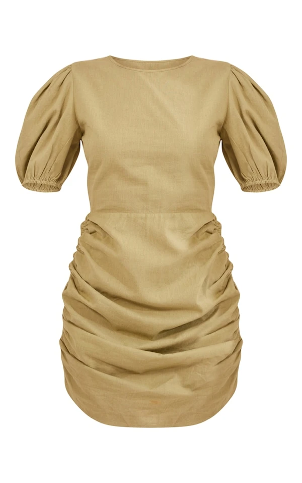 Robe Moulante Effet Lin Kaki à Col Rond Et Jupe Froncée 7 Robe Moulante Effet Lin Kaki à Col Rond Et Jupe Froncée – Image 5