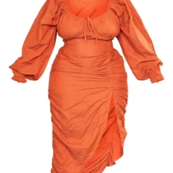 Plus Robe Mi-longue Fendue Rouille Effet Lin Froncée Sur Le Côté -Jolie Vêtue Soldes Magasin 0dfbff9cbaa34bfe0ccee3d9e21e099f8ac38de9 cnd6503 5