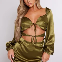 Robe Droite Satinée Verte Olive Découpée à Nouer -Jolie Vêtue Soldes Magasin 0f46298adfef20508b687da2041c2561130bcbab cnd1227 1