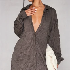 Robe Chemise Oversize Plissée Style Froissé Kaki