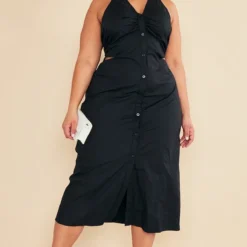 Plus Robe Chemise Mi-longue Sans Manche En Popeline Noire