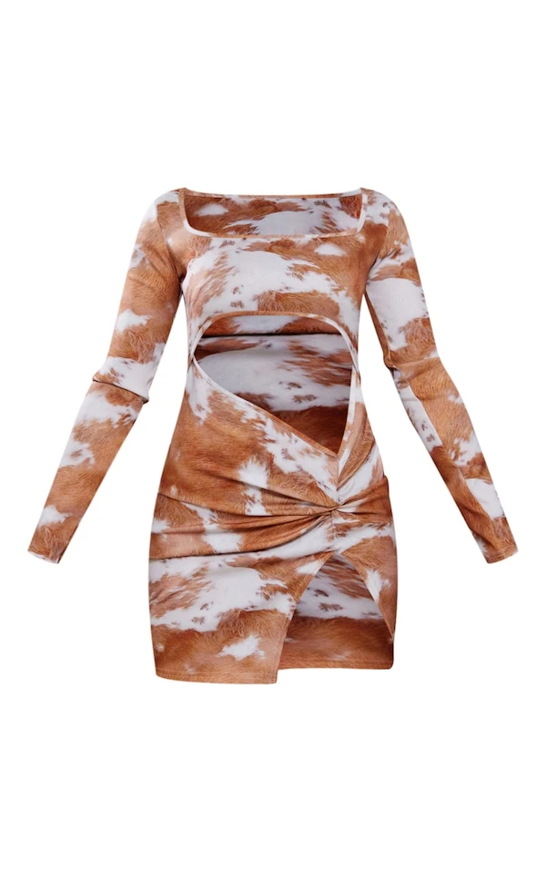 Petite Mini Robe Découpée Marron Clair à Imprimé Vache 7 Petite Mini Robe Découpée Marron Clair à Imprimé Vache – Image 5